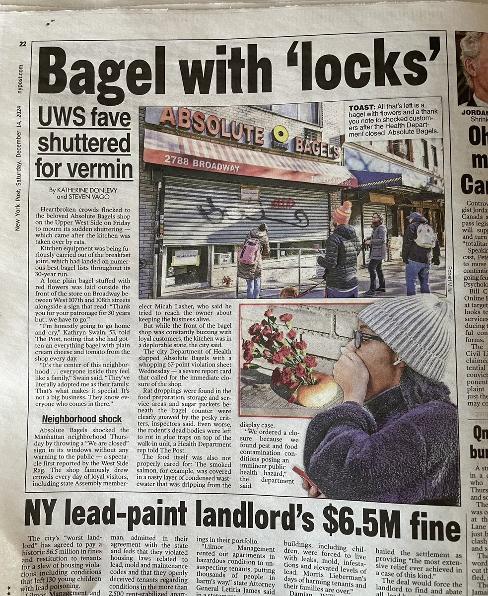 TabCityDiary's tweet photo. “In the vast constellation of NYC bagel shops, Absolute Bagels held a lofty but unusual place of honor”
       —NYT

“Heartbroken crowds flocked to the beloved Absolute Bagels to mourn its sudden shuttering—which came after the kitchen was taken over by rats”
         —NY Post https://t.co/gQLfMBL9No