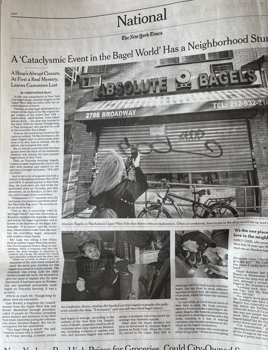 TabCityDiary's tweet photo. “In the vast constellation of NYC bagel shops, Absolute Bagels held a lofty but unusual place of honor”
       —NYT

“Heartbroken crowds flocked to the beloved Absolute Bagels to mourn its sudden shuttering—which came after the kitchen was taken over by rats”
         —NY Post https://t.co/gQLfMBL9No
