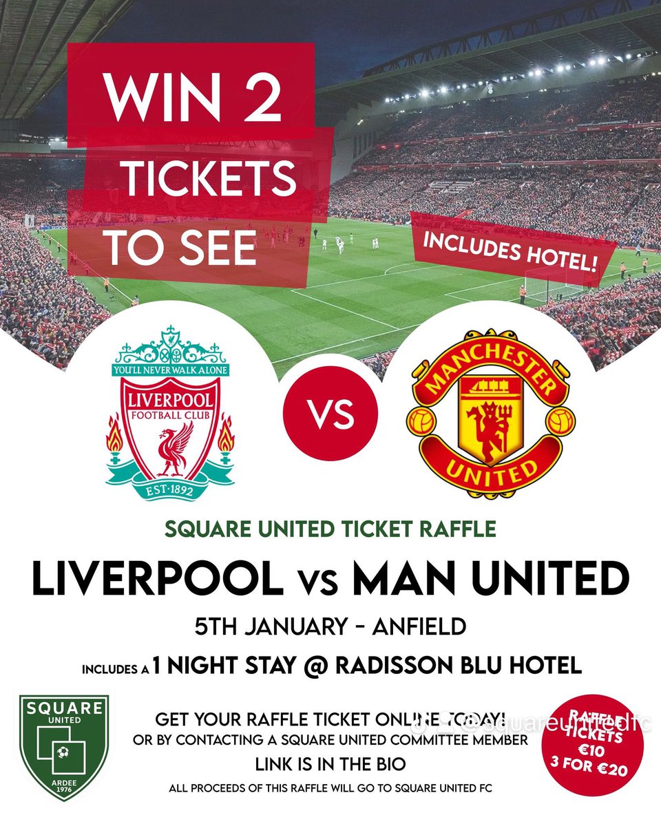 Only two days to go
🟢You could be in with a chance to see two of the biggest names in the Premier League, if not the world. 
🟢All you have to do is click on the links to play. Draw takes place on the 16th December.  Tickets are €10 each or 3 for €20 
pay.sumup.com/b2c/QSRSBT3W