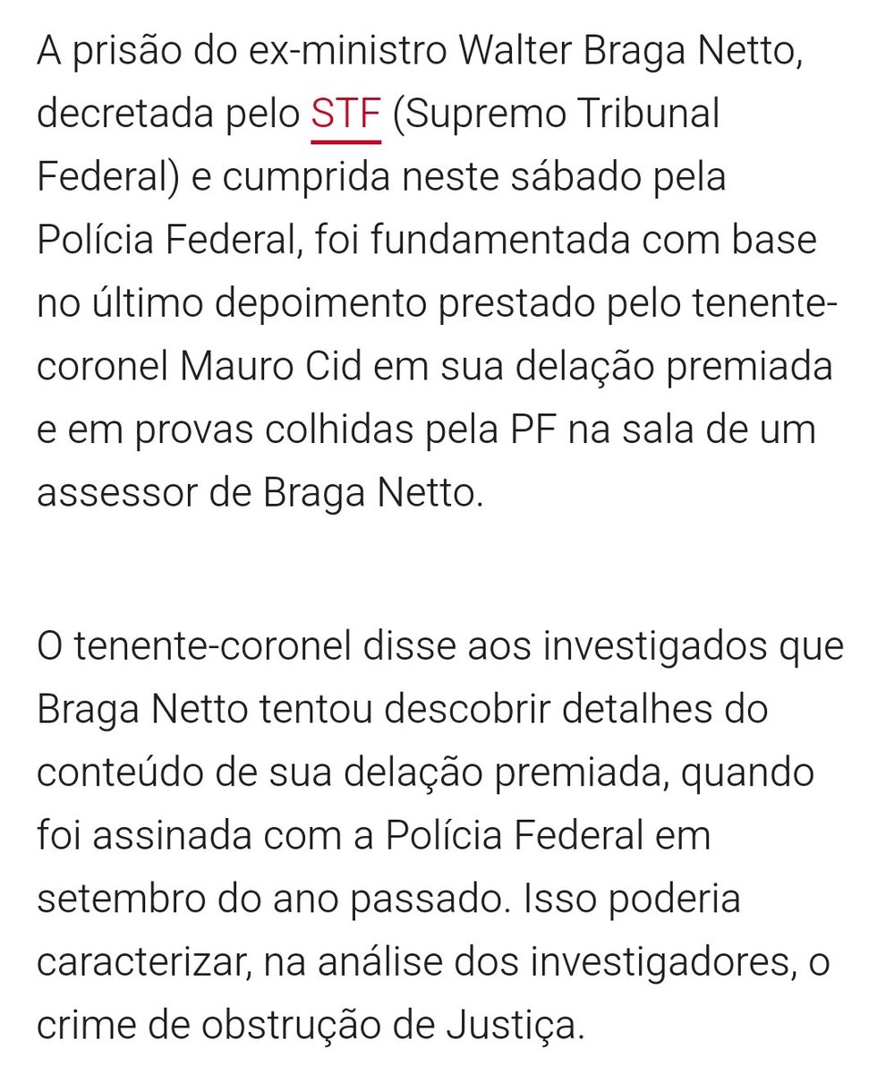 Braga Netto foi preso por obstrução de justiça por tentar saber detalhes da delação do Cid, coisa que só a rede lula pode ter e vazar seletivamente .
Resultado: celular apreendido, devassa nas conversas, vazamentos seletivos, GloboNews falando 24h sobre isso, clima de apreensão