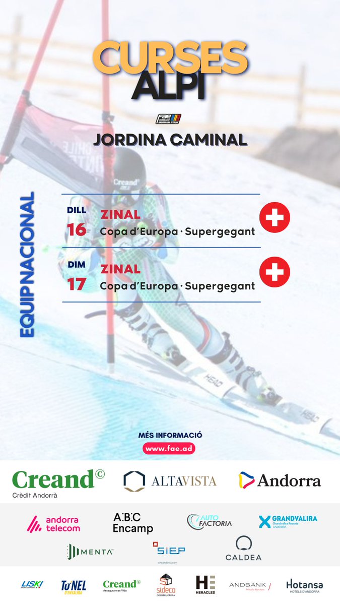 FAEAndorra's tweet photo. ALPÍ · La cursa del dia
👨🏼🚀 #JordinaCaminal
⛷️ Supergegant
🏁Copa d'Europa
📍 #Zinal 🇨🇭
LIVE ✅ https://t.co/Q9hEUjhMMy https://t.co/8grFdRXVvJ
