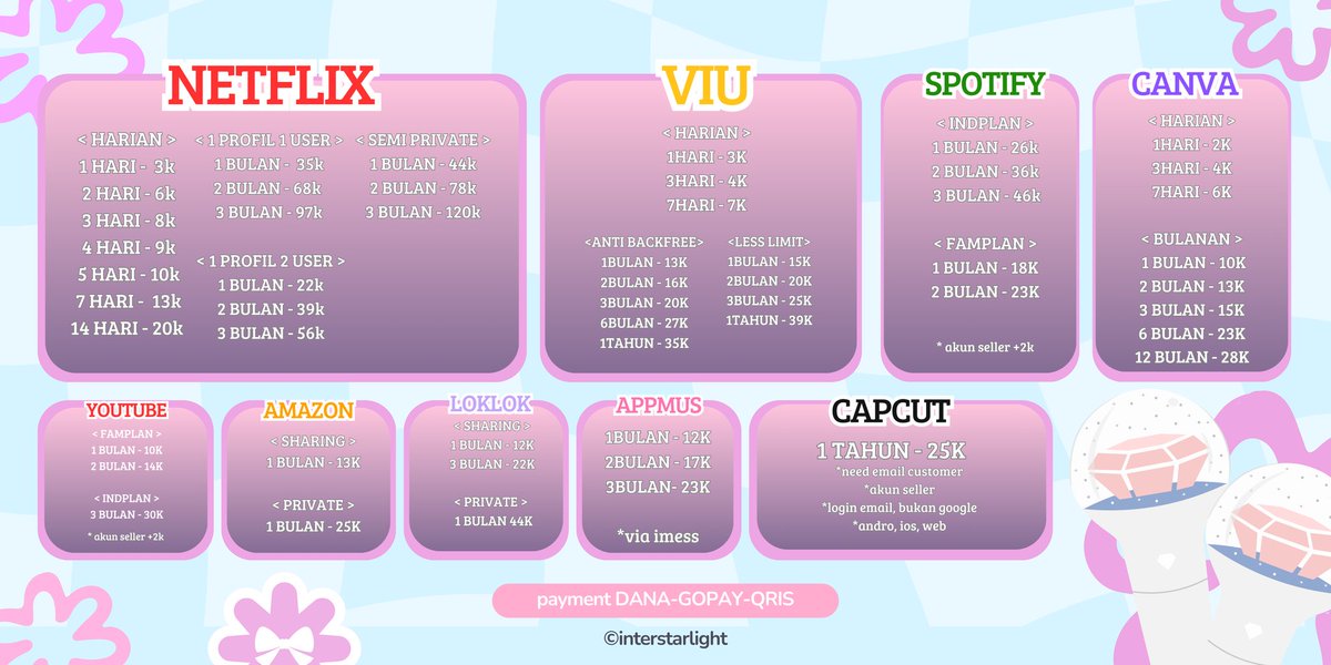 interstarlight's tweet image. YUK PROMO AKHIR TAHUN!! 🎉🎉

spotify indplan 1bulan 23k
capcut pro setahun 15k
youtube famplan 2bulan 10k
canva 2bulan 10k

mention after DM/hubungi tele di bio yaaa ❣️
#zonauang #zonajajan #zonaBU