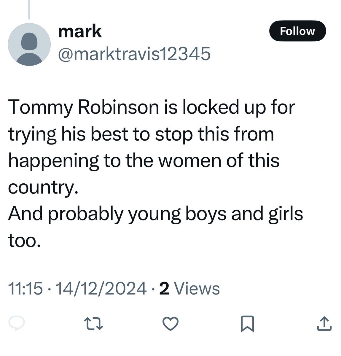 Tommy Robinson is not locked up for anything of the sort. He is locked up for breaking a court order where he libelled a child. Nothing to do with "saving women" why don't you lot stop lying?