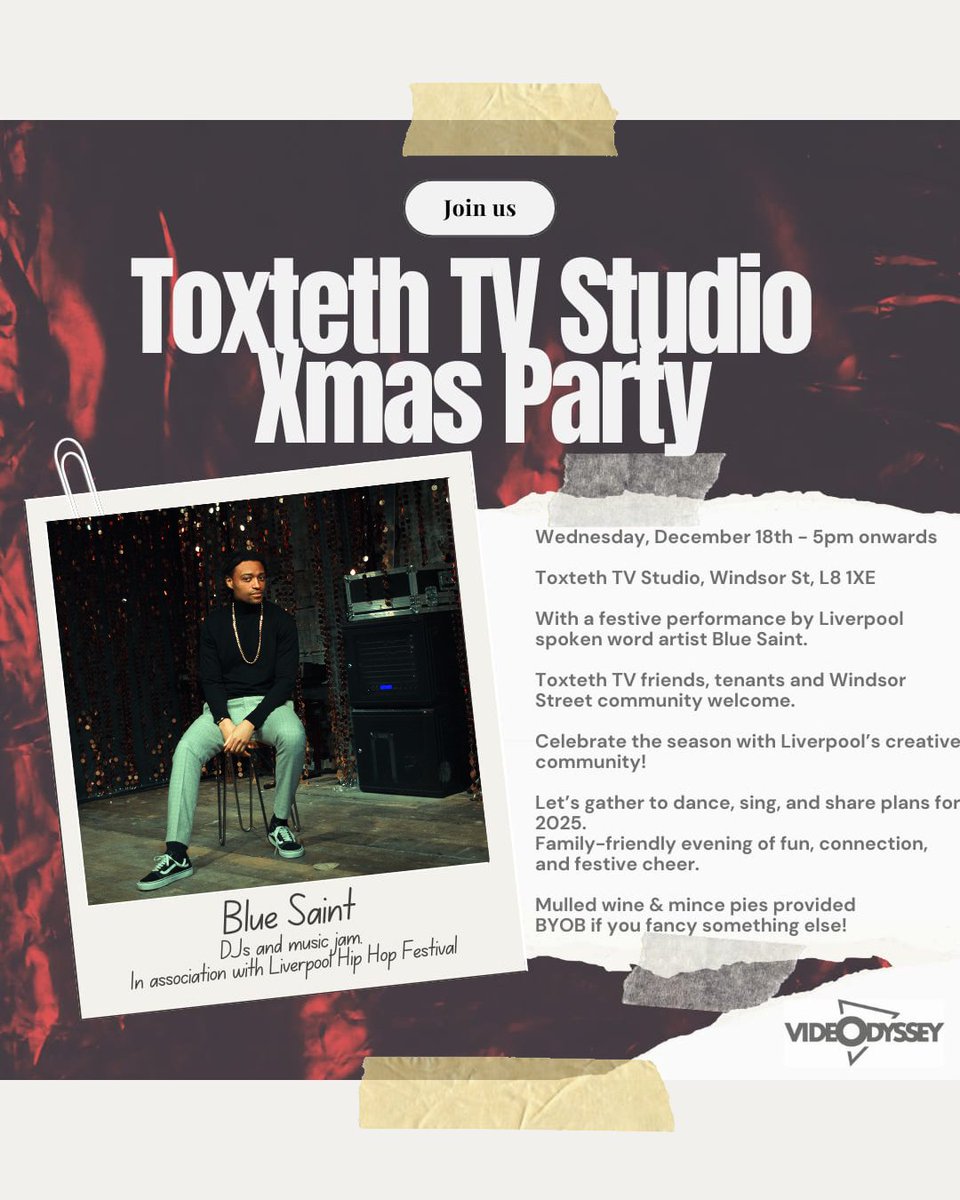 ✨🎄Excited to host the Toxteth TV Studio Xmas Party! ✨🎄

📅 Wed, Dec 18th | 5pm onwards
📍 Toxteth TV Studio, Windsor St, L8 1XE

🎙 Spoken word by me
🎧 DJs &amp; music jam
🍷 Mulled wine &amp; mince pies

Family-friendly, festive vibes—don’t miss it! 🎉

<a href="/VideOdysseyAhoy/">VideOdyssey</a>

#Christmas