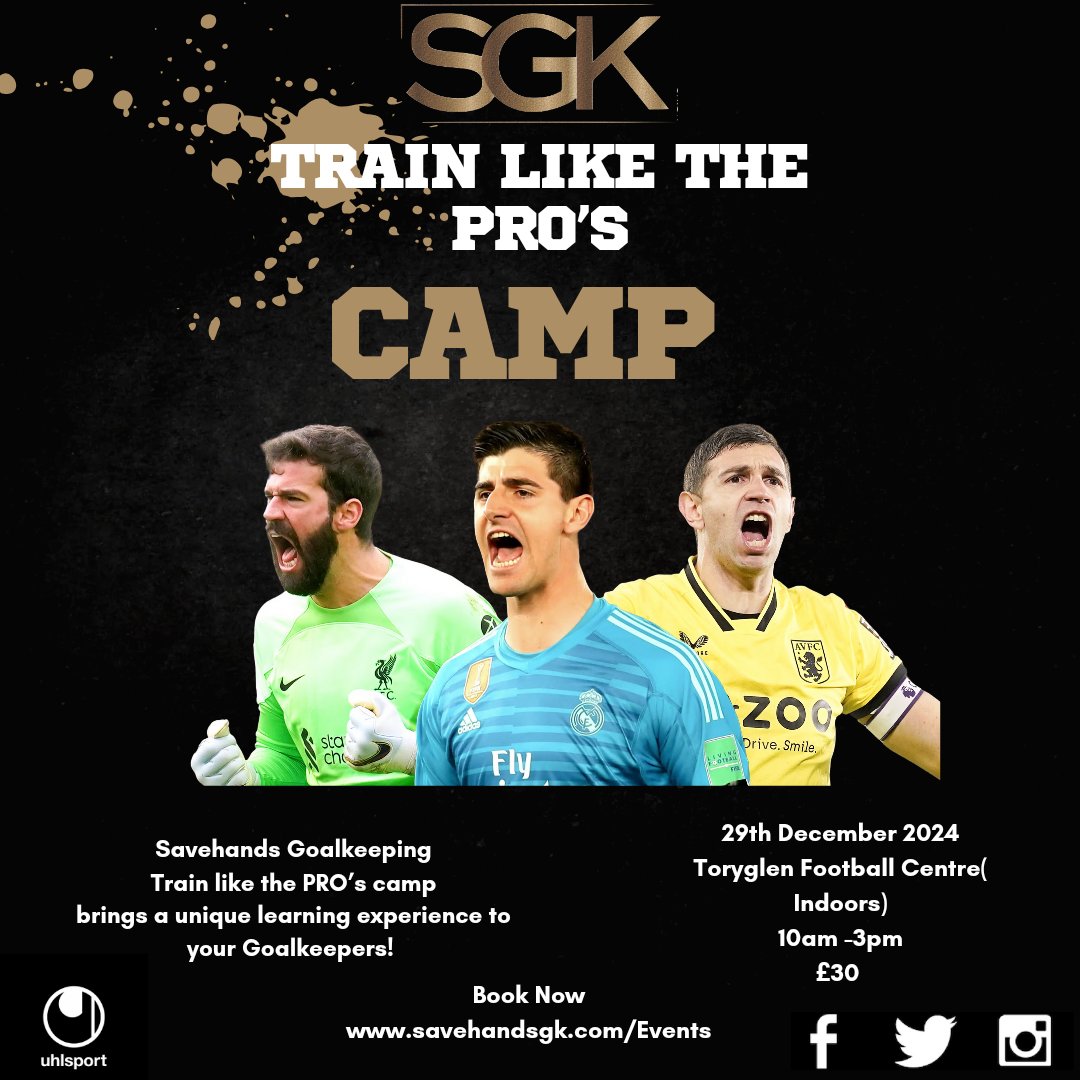 Savehands Goalkeeping is thrilled to welcome goalkeepers of all levels to our unique Train Like the Pros camp!

📅 Date: 29th December
📍 Location: Toryglen Football Centre
⚽ Powered by <a href="/uhlsportUK/">uhlsport UK & IRE</a>

👉 Book your place now: 
savehandsgk.com/events