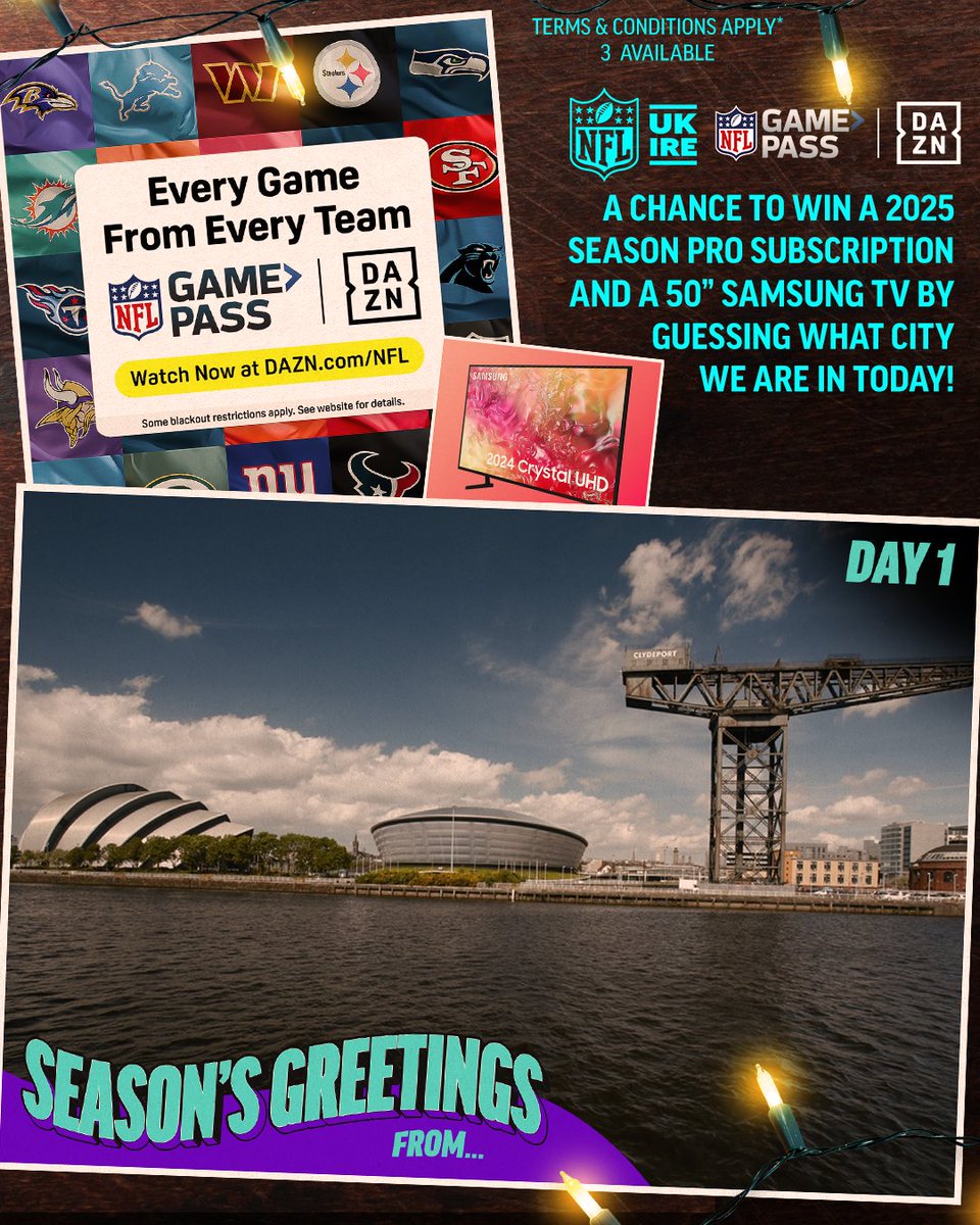 NFL UK & Ireland (@nflukire) on Twitter photo 🎄 Find The Joy Day 1 🎁
A chance to win a 2025 Season Pro Subscription with NFL Game Pass on DAZN and a 50” Samsung TV!
To enter: Make sure you’re following <a href="/NFLUKIRE/">NFL UK & Ireland</a> and <a href="/NFLonDAZN/">NFL on DAZN</a>
Guess what city we’re in by commenting below. 🎄 Find The Joy Day 1 🎁
A chance to win a 2025 Season Pro Subscription with NFL Game Pass on DAZN and a 50” Samsung TV!
To enter: Make sure you’re following <a href="/NFLUKIRE/">NFL UK & Ireland</a> and <a href="/NFLonDAZN/">NFL on DAZN</a>
Guess what city we’re in by commenting below.
