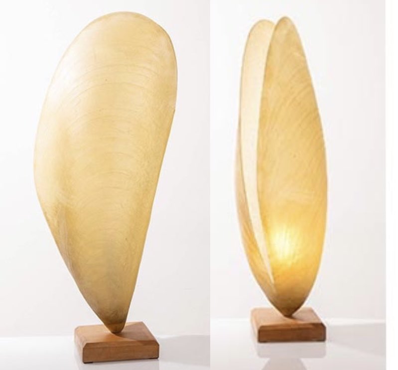 Never seen anything quite like the fiberglass lamp shapped like a ‘bivalle shell.’ 

Italian production, 1970s.