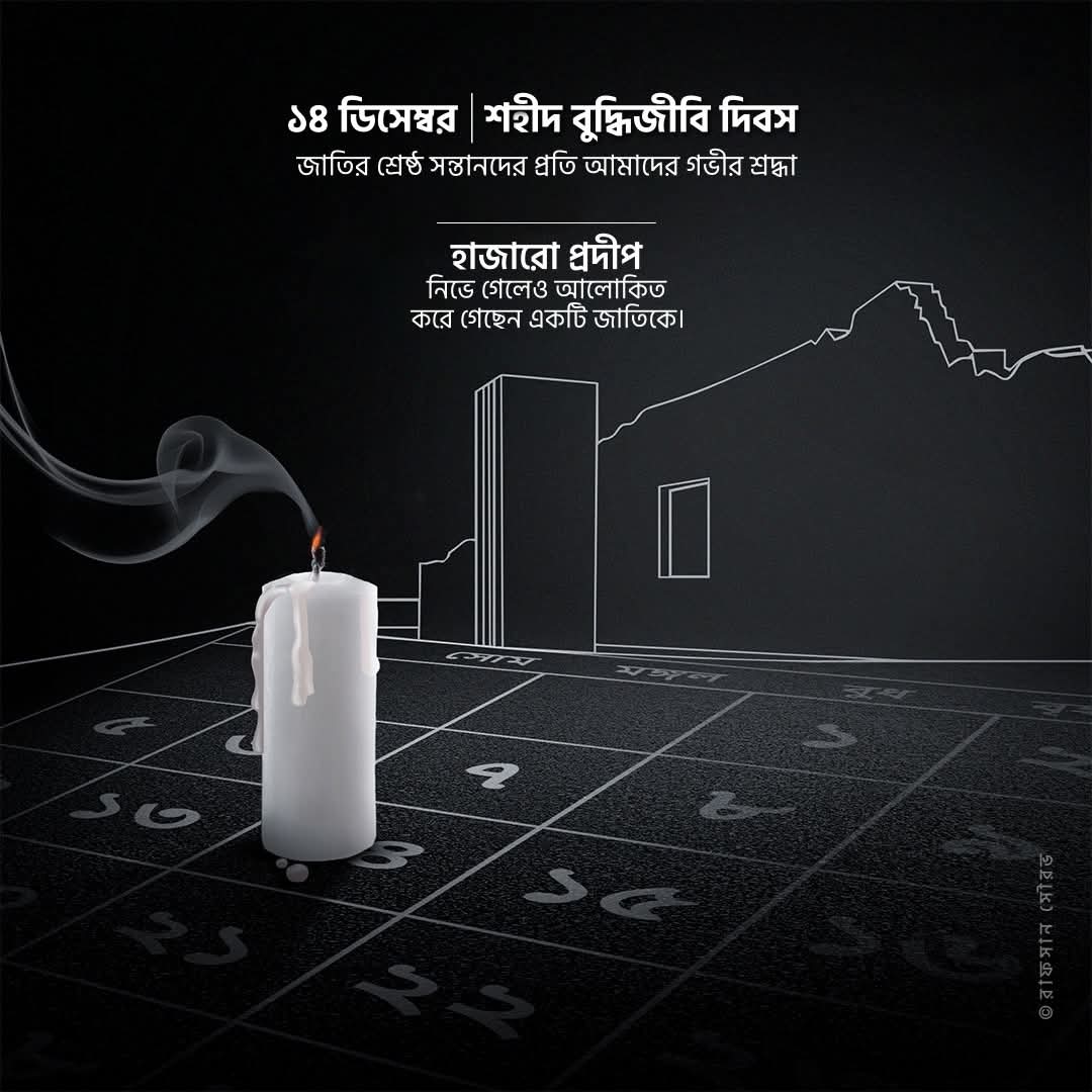 Rafsan715's tweet photo. ১৪ ডিসেম্বর | শহীদ বুদ্ধিজীবি দিবস
হাজারো প্রদীপ নিভে গেলেও আপন আলোয় আলোকিত করে গেছেন একটি জাতিকে;
জাতির সেই সকল সূর্যসন্তানদের প্রতি রইল বিনম্র শ্রদ্ধা। 🇧🇩

#১৪ডিসেম্বর #শহীদবুদ্ধিজীবিদিবস https://t.co/OvfXg2mCvv