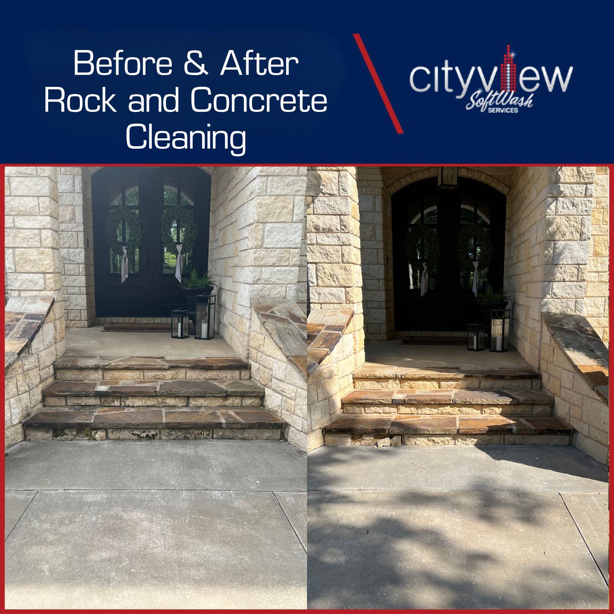 GoCityview's tweet image. Flagstone entryway is transformed from weathered to wondrous. SoftWash is safe for your delicate, porous stone but strong enough to eliminate what is growing on those surfaces. Call us today to see your home transformed. (479) 242-8439