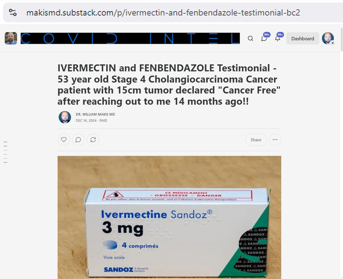 MakisMedicine's tweet image. NEW ARTICLE: IVERMECTIN and FENBENDAZOLE Testimonial - 53 year old Stage 4 Cholangiocarcinoma Cancer patient with 15cm tumor declared "Cancer Free" after reaching out to me 14 months ago!!

This is a very special story.

53 year old Canadian Cancer patient diagnosed with Stage 4…