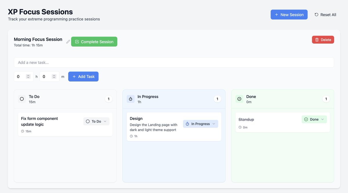 3Utsav's tweet image. Inspired by the book Extreme Programming: Embrace Change written by @kentbeck and experimenting with dividing my work into focused sessions for better⏱️time management.
I have built this web app using bolt.new to quickly track these sessions.
#ExtremeProgramming