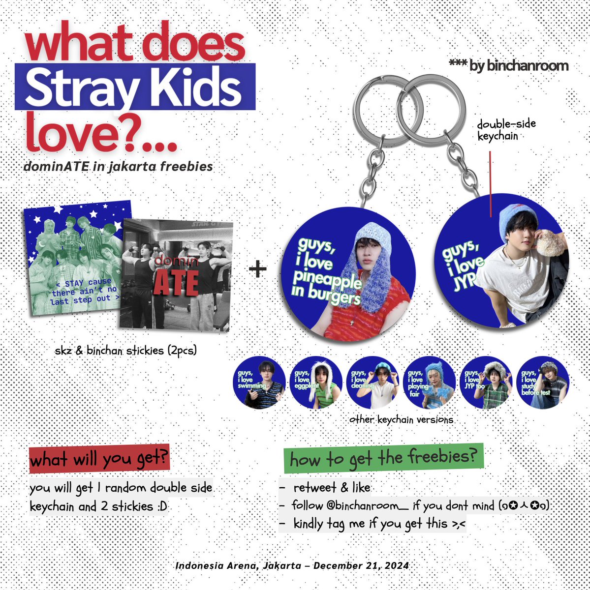 —— 𝐰𝐡𝐚𝐭 𝐝𝐨𝐞𝐬 𝐒𝐭𝐫𝐚𝐲 𝐊𝐢𝐝𝐬 𝐥𝐨𝐯𝐞?
dominATE in jakarta freebies 
by <a href="/binchanroom_/">binchanroom ⋆౨ৎ˚</a> ✮⋆˙

🔵 check more details on pict bellow
🔴 the exact time &amp; place will be updated here, so stay tuned! :0

rt &amp; like are vv appreciated ᡣ𐭩