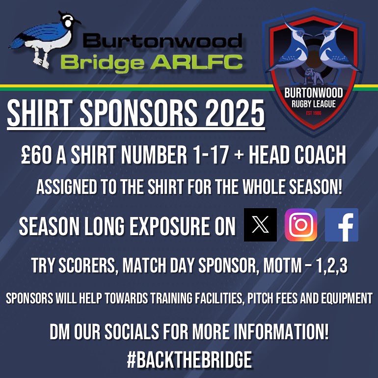 🚨Shirt sponsors 2025🚨

🏉 For the 2025 season we will be introducing shirt sponsors!

🏉 With the high turn around of players last season we have decided to change how our “player sponsors” work and replace it with “shirt sponsors”.