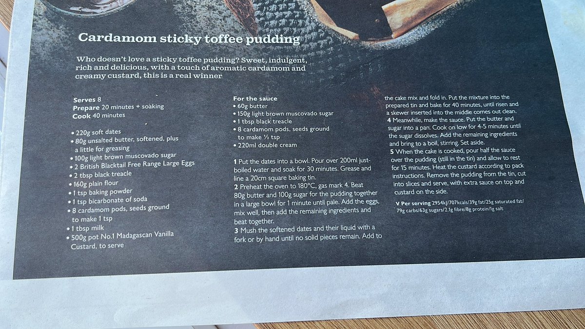 anneskitchen's tweet photo. @waitrose making your cardamom sticky toffee pudding (bowl declared delicious btw) from the weekend magazine but slightly confused by the difference for main cake part and sauce - both say use 8 pods but the cake says to make 1tsp and the sauce 1/2 tsp worth 🤔 https://t.co/5R9KJLhY2g