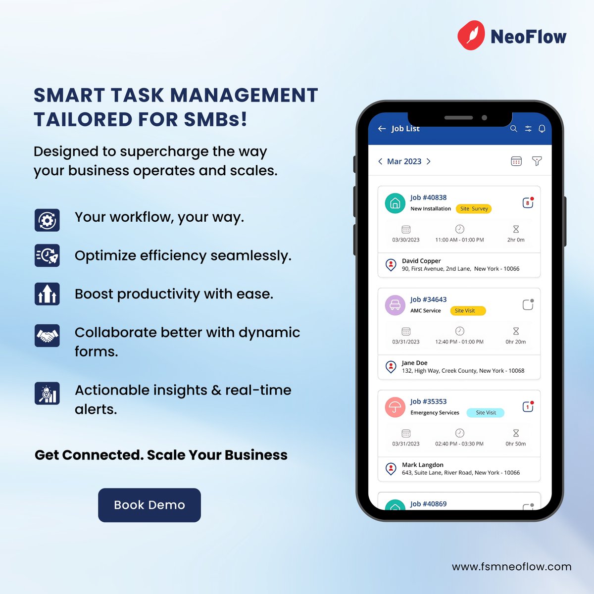 Neoflow_FSM's tweet image. ✨ Meet NeoFlow — the smart task management tool tailored just for SMBs!

✅ Streamline your workflow.
✅ Boost team productivity.
✅ Get real-time alerts &amp;amp; insights to stay ahead.

fsmneoflow.com

#SmallBusinessGrowth #SMBSuccess #NeoFlow #TaskManagement