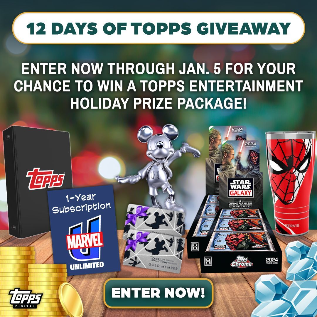 Kick off 12 Days of Topps with a special giveaway! Enter now through Jan. 5, 2025 for a chance to win a huge <a href="/Topps/">Topps</a> entertainment holiday prize package, featuring physical &amp; digital prizes for Disney, Marvel, &amp; Star Wars! #ToppsTwelve

Enter here: buff.ly/3VA4yQs