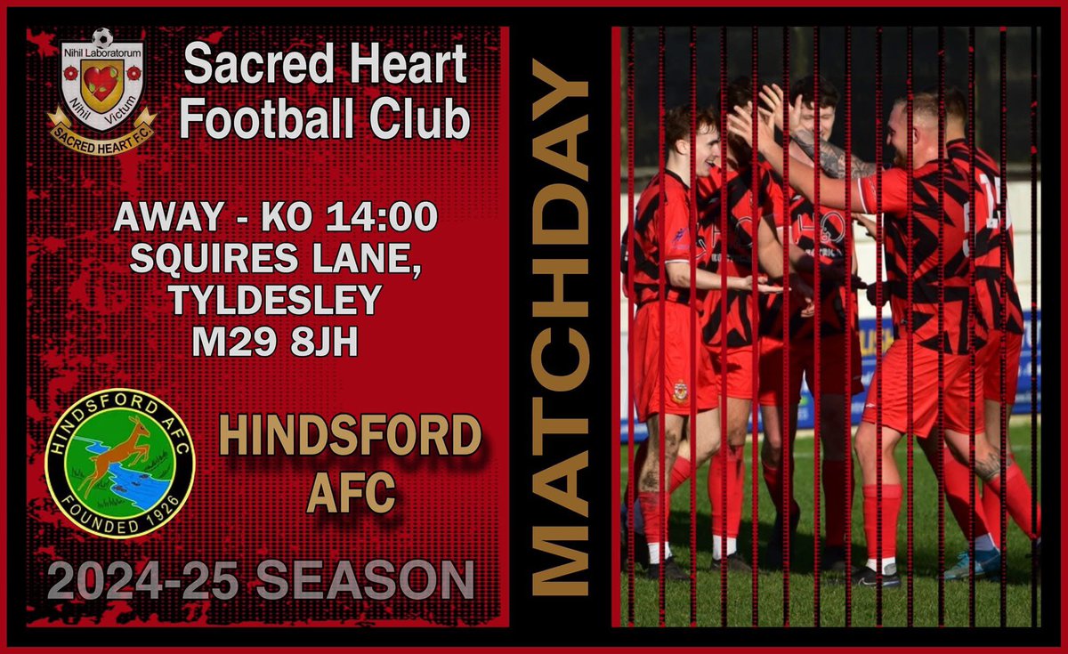 SacredHeartFC's tweet image. ᗰᗩ丅ᑕᕼᗪᗩƳ
First Team Away Game:
🆚️ Hindsford AFC
🏠 Away
🏆 Manchester Football League Ltd Premier Division
📅 Today
⏰️ 14:00 KO
🏟 Squires Lane