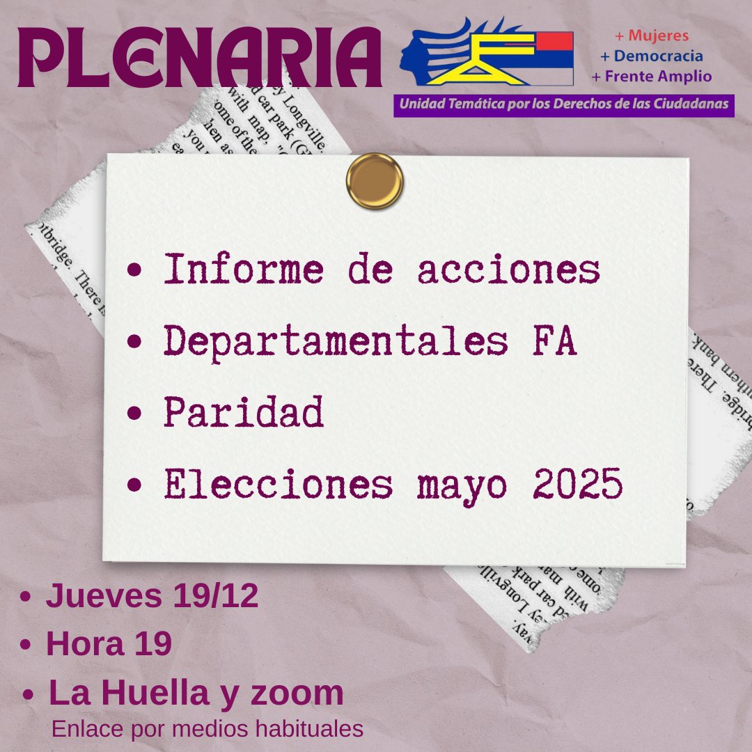 Plenaria diciembre. <a href="/FA_SanJose/">Frente Amplio San José</a> <a href="/FaCanelones/">FA Canelones</a> <a href="/Frente_Amplio/">Frente Amplio</a> <a href="/FrentePaysandu/">Frente Amplio Paysandú</a> <a href="/Lavalleja_FA/">Frente Amplio Lavalleja</a> <a href="/FAMaldonado_/">Frente Amplio Maldonado</a> <a href="/CGeneroFMaldo/">Mujeres FA Maldonado</a> <a href="/FA_SanJose/">Frente Amplio San José</a> <a href="/jfarivera_/">JFA Rivera</a> <a href="/MPPRocha/">MPP Rocha</a> <a href="/JovenesVA/">Jovenes Vertiente Artiguista</a> <a href="/FASaltoUy/">Frente Amplio Salto</a> <a href="/FrentePaysandu/">Frente Amplio Paysandú</a> <a href="/fafloridauy/">Frente Amplio Florida</a> <a href="/FrenteFlores/">Frente Amplio de Flores.</a> <a href="/FACerroLargo/">FA Cerro Largo</a> <a href="/jfacerrolargo/">Jóvenes FA - Cerro Largo</a> <a href="/FrentePaysandu/">Frente Amplio Paysandú</a> <a href="/colonia_fa/">Frente Amplio Colonia</a>