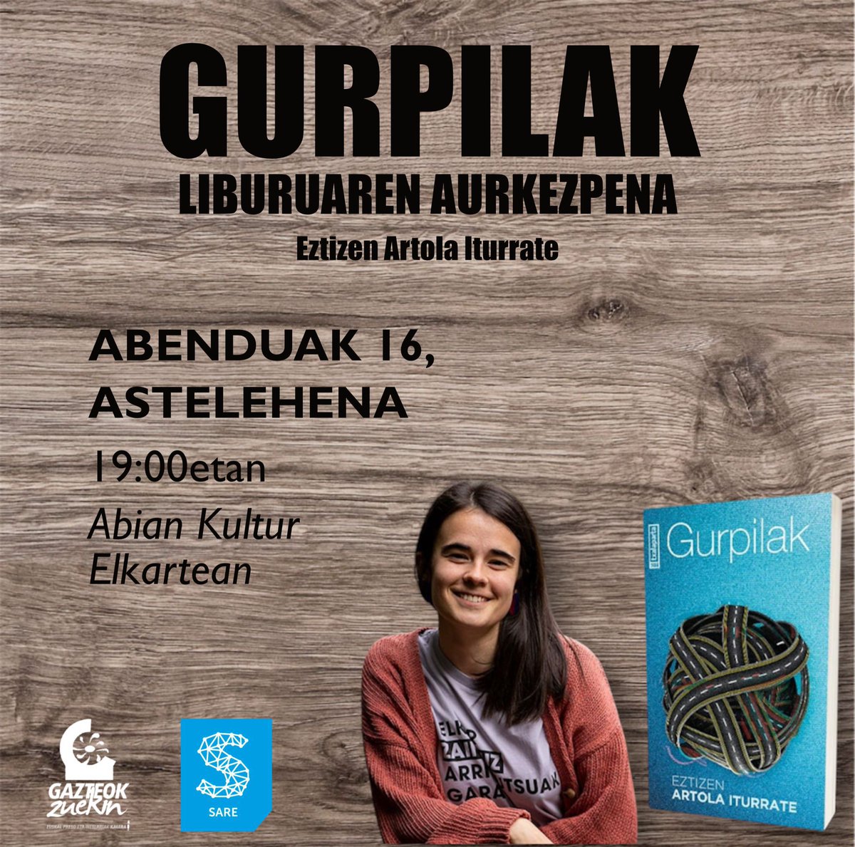 'GURPILAK' liburuaren aurkezpena  

Eztizen Artolak motxiladun ume baten bizipenak azaldu ditu liburuan <a href="/txalapartatik/">txalaparta •</a>

* Bertan liburua erosteko aukera egongo da, 16€tan

📆  Abenduak 16 · astelehena
⏰ 19:00
📍 Abian Kultur Elkartea #Algorta #Getxo

> Gazteok Zuekin eta Sare <