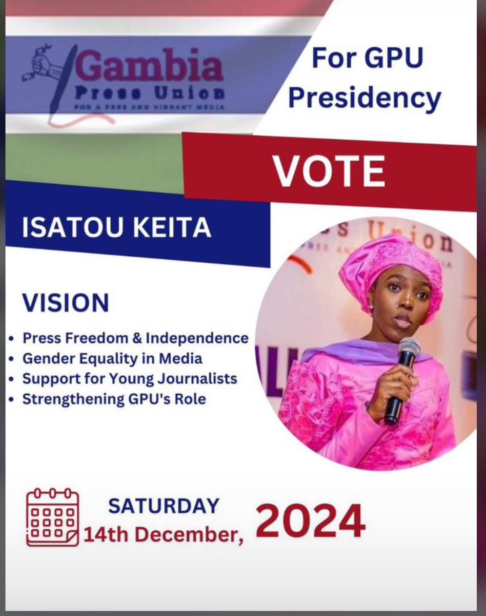 ous_colley's tweet photo. I endorse @IsatouKeita2 for the position of President of @gmpressunion in today's congress. Isatou possesses the leadership potential and experience in the media sector necessary to drive positive change. I urge all GPU members to support her candidacy. https://t.co/MK8Ozx2gMy