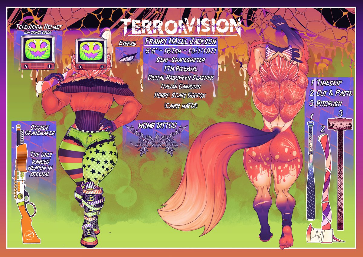 New Terrorvision Ref sheet. 

With official outfit-
New Weapon designs and 1 new ranged weapon
and finally a overall color shift for the background.