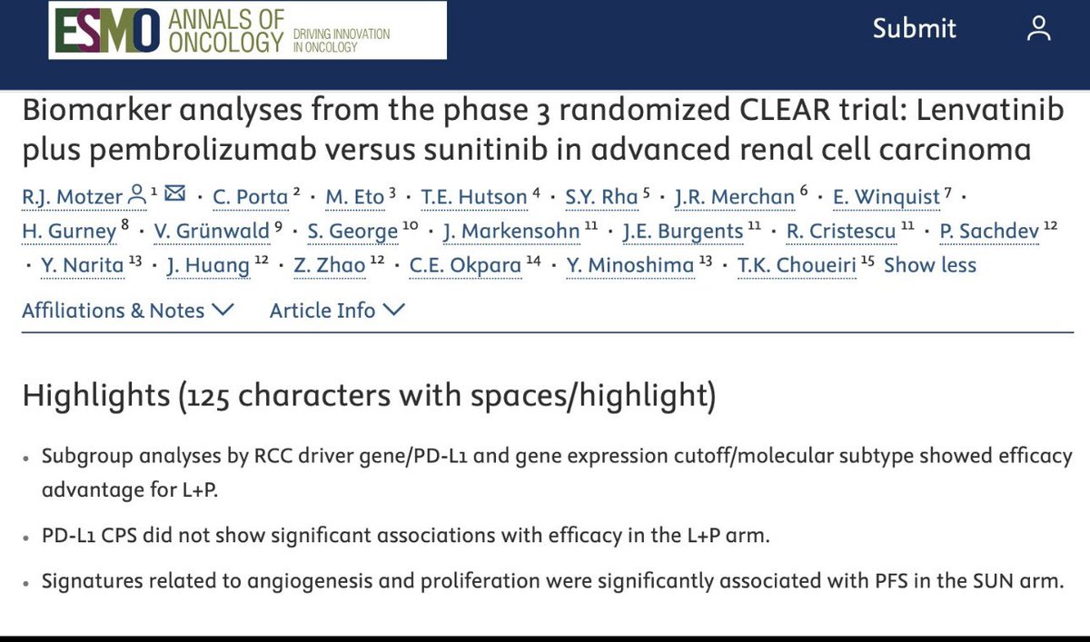 Toni Choueiri, MD (@drchoueiri) on Twitter photo CLEAR study biomarker analysis with <a href="/motzermd/">Robert Motzer MD</a> and friends is out in <a href="/Annals_Oncology/">Annals of Oncology</a> —thank you EIC <a href="/tompowles1/">Tom Powles</a> for a flawless process!
Lenvatinib + Pembrolizumab improved ORR/PFS vs. sunitinib in aRCC, consistent across PD-L1, gene expression, mutations, subtypes. No CLEAR study biomarker analysis with <a href="/motzermd/">Robert Motzer MD</a> and friends is out in <a href="/Annals_Oncology/">Annals of Oncology</a> —thank you EIC <a href="/tompowles1/">Tom Powles</a> for a flawless process!
Lenvatinib + Pembrolizumab improved ORR/PFS vs. sunitinib in aRCC, consistent across PD-L1, gene expression, mutations, subtypes. No
