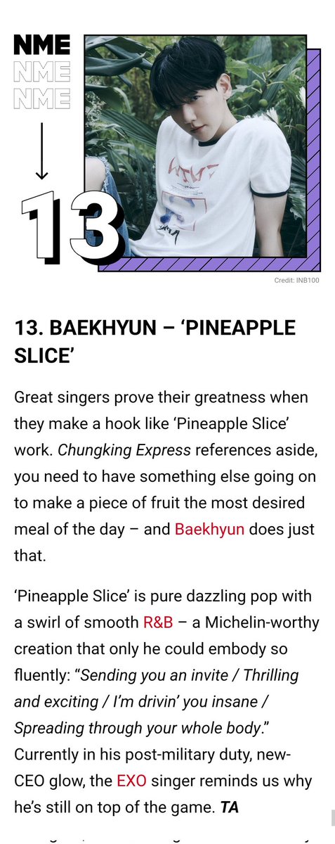 NME'S 25 BEST K-POP SONGS OF 2024
13. BAEKHYUN- Pineapple Slice 
Asian Pop Music Awards 2024: People’s Choice Award
#APMA2024 #PineappleSlice #BAEKHYUN <a href="/APMAHK/">APMA OFFICIAL</a> nme.com/lists/end-of-y…