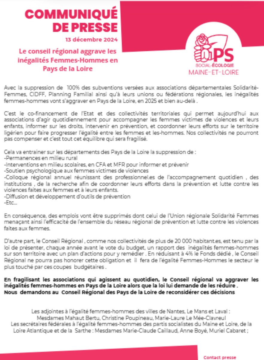 Avec ses coupes budgétaires, Le conseil régional et sa présidente <a href="/C_MORANCAIS/">Christelle MORANÇAIS</a> aggravent les inégalités femmes hommes en pays de la Loire ! 

Réagissons !