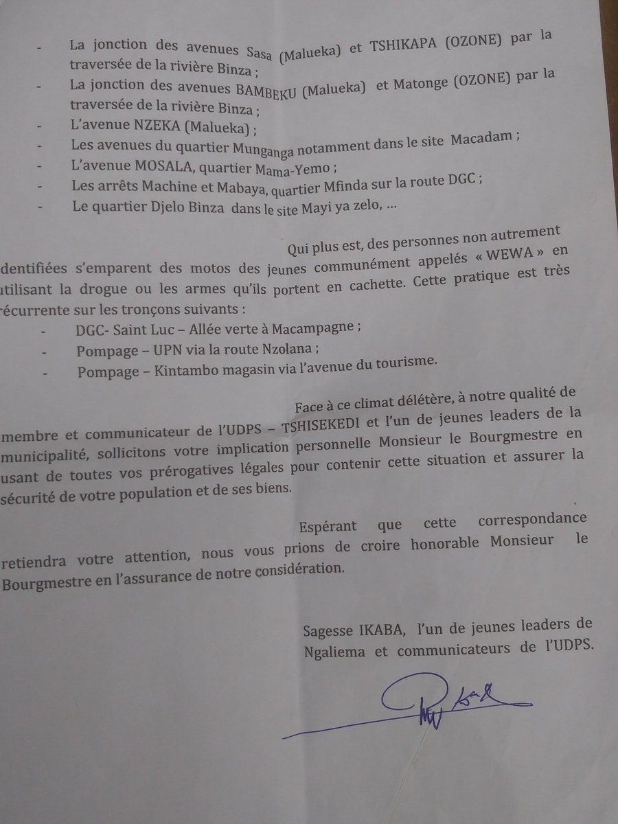 SIkaba9364's tweet photo. Nous avons saisi les autorités sur l'insécurité à Ngaliema.@Presidence_RDC @Kabunangu_Luc @ConstantMutamba @TopCongo @lusakuenoc @KitambalaMarcel @AssembleeNatRDC @daniel_bumba_01 @PrimatureRDC @senatrdc . https://t.co/biW5umqp0M