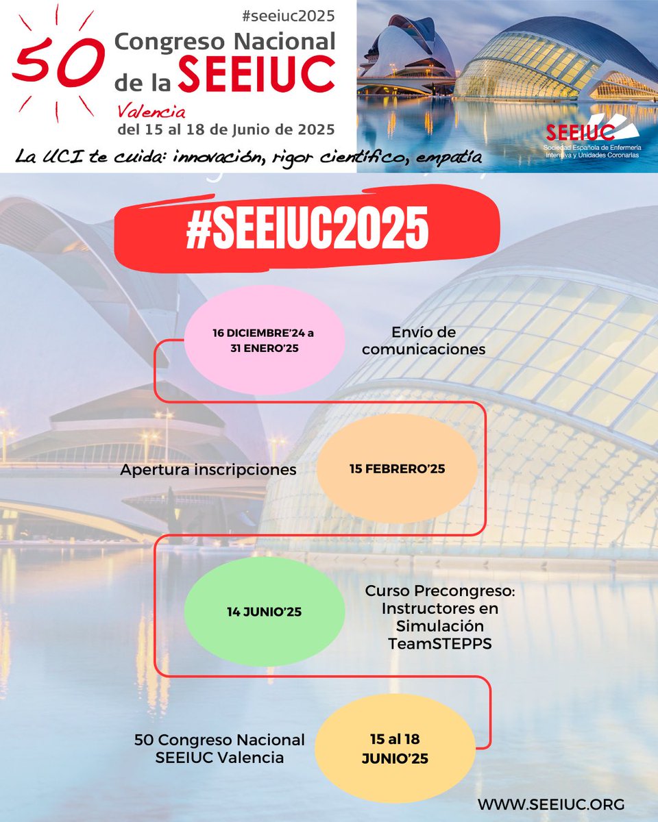 ⚠️📆 Os dejamos por aquí las fechas más importantes para el próximo congreso #SEEIUC2025 que se celebrará en Valencia del 15 al 18 Junio 2025 #enfermeriaintensiva #uci
#cuidadoscriticos Más información en bocemtium.com/seeiuc/2025/