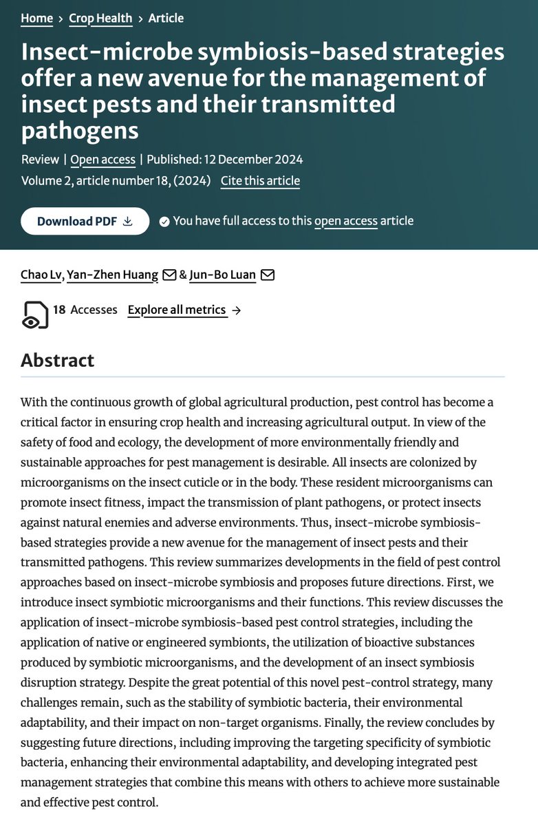 Insect‒microbe symbiosis-based strategies offer a new avenue for the management of insect pests and their transmitted pathogens
#Pestcontrol #Symbionts 
link.springer.com/article/10.100…