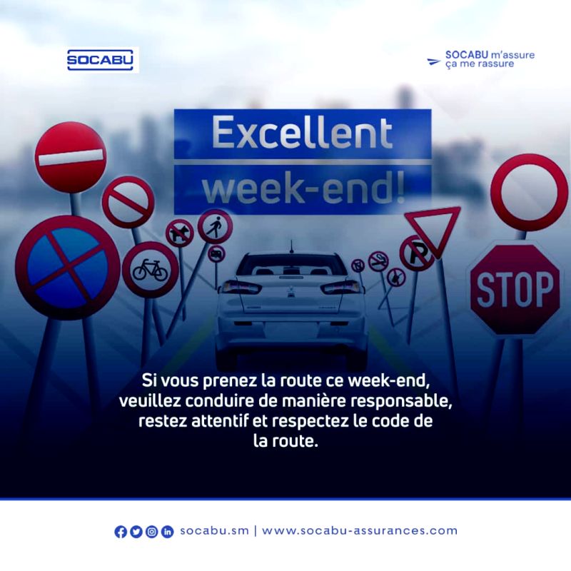Conduisez de manière responsable, restez attentif et respectez le code de la route. Excellent week-end!
#socabu #AssuranceAuto #Burundi <a href="/followers/">はうはう</a>