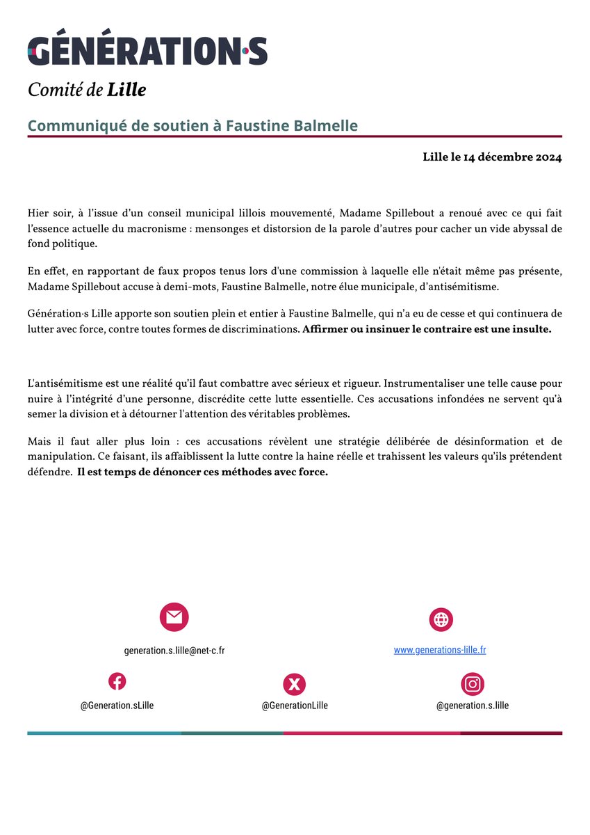 GenerationLille's tweet image. Suite au conseil municipal de #Lille, communiqué de soutien à @F_Balmelle 
⬇️⬇️⬇️
