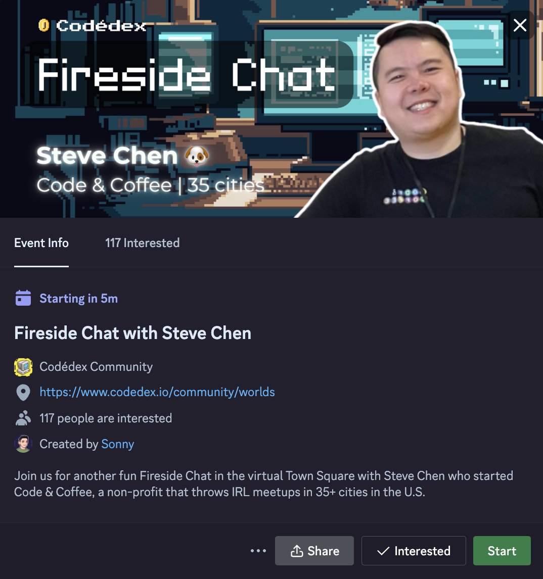 codedex_io's tweet image. join us in the hacker house at 2pm est to chat with @SteveChenDC from Code &amp;amp; Coffee!!! ☕️

day 2 #codedexhackathon let&apos;s gooo ✨