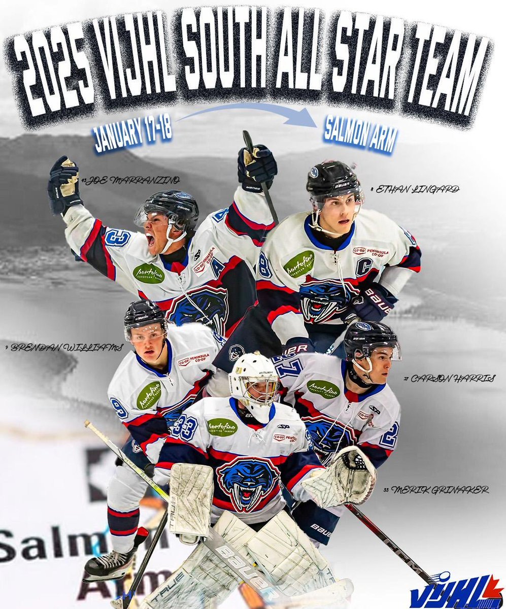 Congrats to Joe Marranzino, Ethan Lingard, Brendan Williams, Merik Grinaker and Carson Harris on making the VIJHL South All star team on January 17-18 in Salmon Arm!