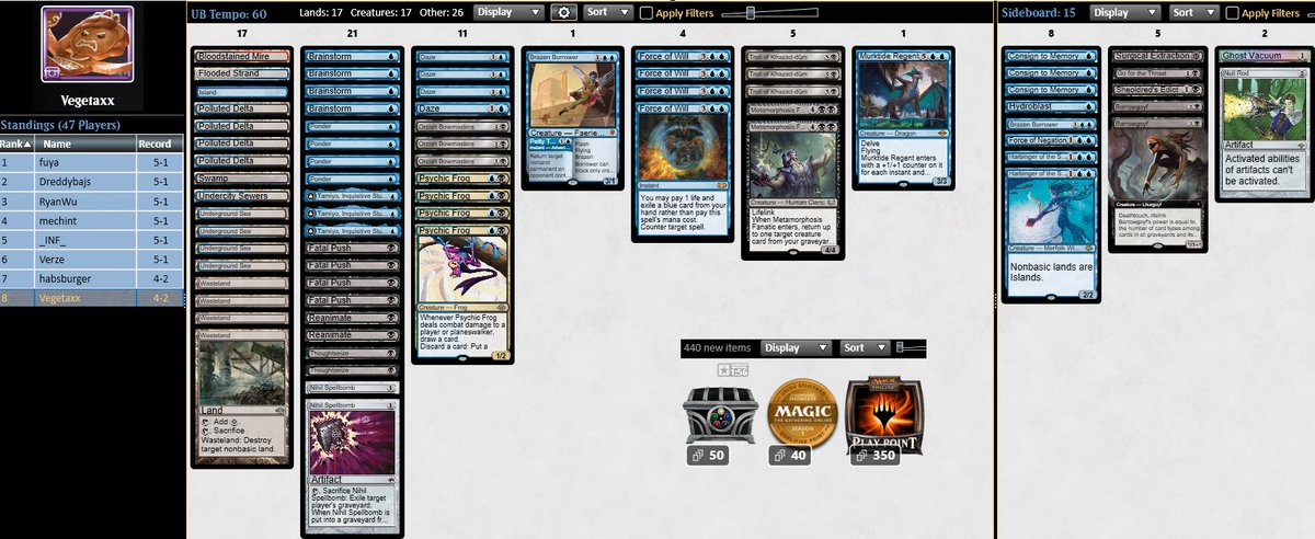 2nd place at the saturday Legacy Challenge with UB Tempo!

Used the same list that got me the trophy during the week.

Lost in final against Nadu Elves due to bad mulligan to 5 in g2.

Overall a good result and a good month!

We will see tomorrow at LLM.

Peace 🌈