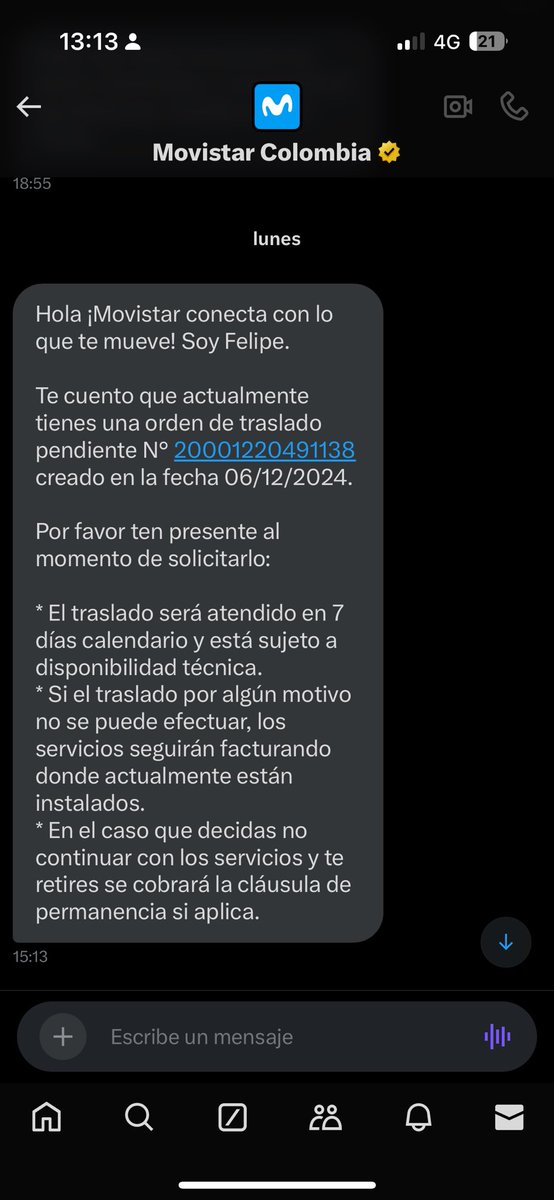 JaimesCg's tweet photo. Hola, @MovistarCo el día lunes me dijeron esto por la queja respecto al traslado de mis servicios, el día jueves me llamaron para agendar la cita para el día de hoy en jornada AM, no vinieron y pasaron ya los 7 días, ahora que prosigue? https://t.co/7qMqmDyyRp