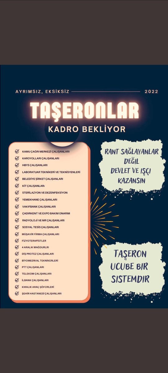 Taşeronİşsiz Bırakılıyor
Her yıl onbinlerce taşeron işçi mobbing, tehdit, iş yükü, düşük ücret vs, sebeplerden işsiz bırakılıyor 7-15 yıllık çalışan asgari ücrete mahkum ediliyor teşeron bunu unutmaz. 
<a href="/RTErdogan/">Recep Tayyip Erdoğan</a> <a href="/eczozgurozel/">Özgür Özel</a> <a href="/dbdevletbahceli/">Devlet Bahçeli</a> @ErbakanFatih <a href="/isikhanvedat/">Prof. Dr. Vedat Işıkhan</a>