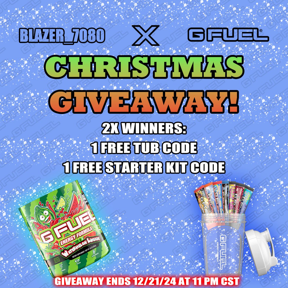 blazer_7080's tweet photo. 🚨 For the holiday season. I am partnering with @GFuelEnergy for a giveaway! I will be giving away 1 FREE Gfuel tub as well as 1 FREE Starter kit.

🎄HOW TO ENTER🎄 
1️⃣Follow @GFuelEnergy 
2️⃣ Make sure you're following me
3️⃣Like and Repost this post

Winners announced 12/22!! https://t.co/0a88uyNECs