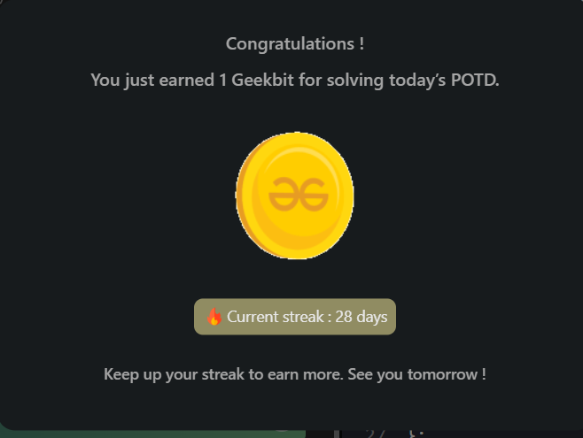 Goutam Mukherjee (@n0ob_coder) on Twitter photo #Day28 of <a href="/geeksforgeeks/">GeeksforGeeks</a> 160 days Challenge:🚀🔥
Solved - Problem 30 #POTD: Search in Rotated Sorted Array✅
#geekstreak2024 #gfg160 #gfg #potd #geeksforgeeks #LearnInPublic #Day28 of <a href="/geeksforgeeks/">GeeksforGeeks</a> 160 days Challenge:🚀🔥
Solved - Problem 30 #POTD: Search in Rotated Sorted Array✅
#geekstreak2024 #gfg160 #gfg #potd #geeksforgeeks #LearnInPublic