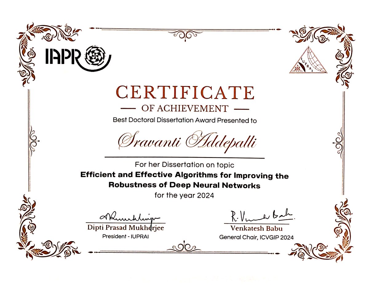 Vision and AI Lab, IISc (@val_iisc) on Twitter photo Double Celebration for VAL! 🎉
Two of our brilliant students have won the prestigious IUPRAI Doctoral Dissertation Award:
🏆 Dr. Jogendra – 2023 Winner
🏆 Dr. Sravanti – 2024 Winner
Huge congratulations to both for their exceptional achievements! #ICVGIP2024 #ComputerVision #AI Double Celebration for VAL! 🎉
Two of our brilliant students have won the prestigious IUPRAI Doctoral Dissertation Award:
🏆 Dr. Jogendra – 2023 Winner
🏆 Dr. Sravanti – 2024 Winner
Huge congratulations to both for their exceptional achievements! #ICVGIP2024 #ComputerVision #AI