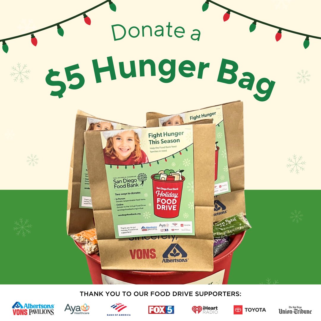 NorthCountyFB's tweet photo. The San Diego Food Bank needs your help to support local families in need this holiday season! From now until January 1, donate a $5 Hunger Bag during checkout at your local Albertsons, Vons, or Pavilions supermarket.  For more information, visit https://t.co/xGdTHsYFMV. 🍎 🛍️ https://t.co/GUtZg77MSf