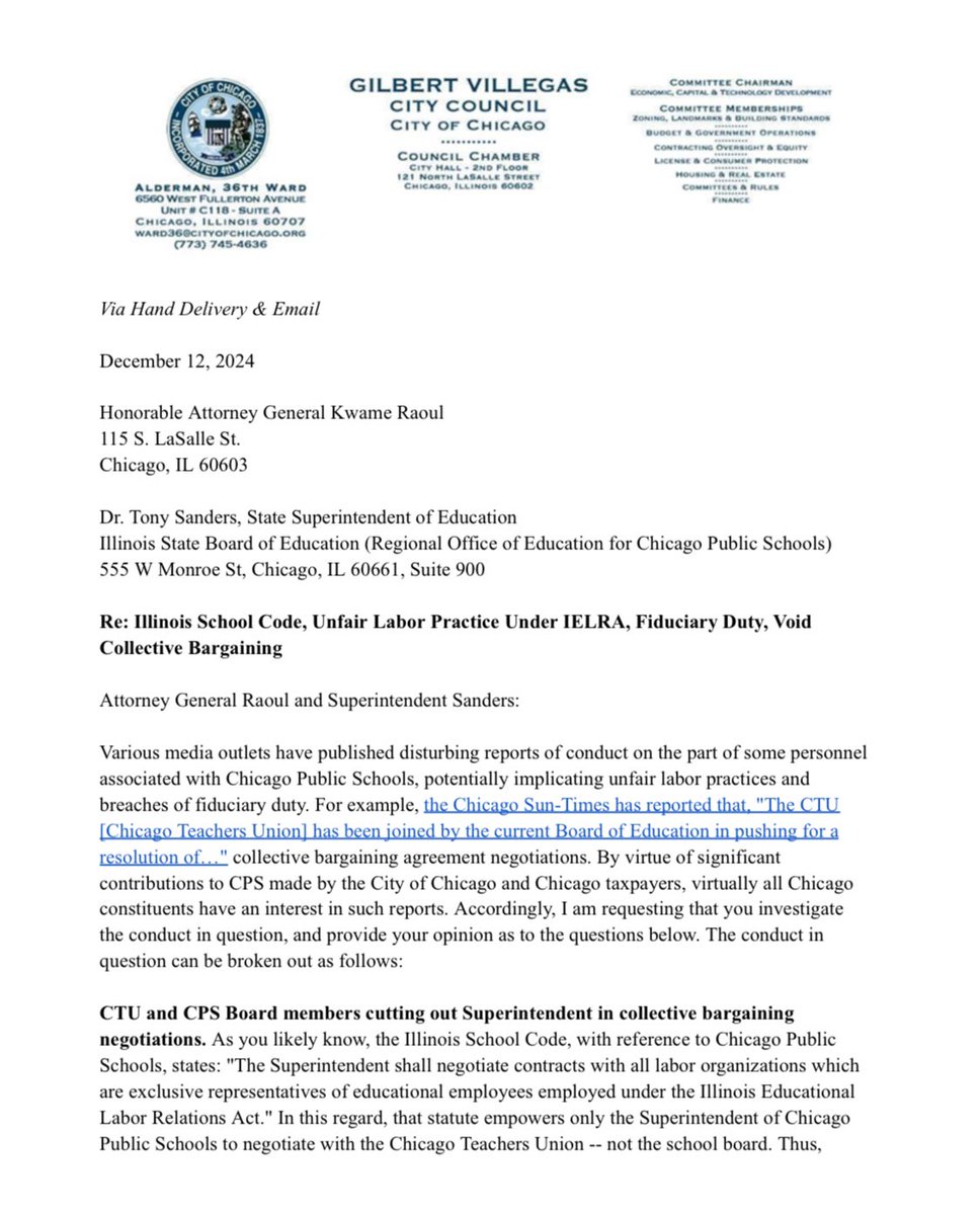Austin__Berg's tweet photo. This is what standing up for average Chicagoans looks like. 

Ald. Gil Villegas calls out the level of collusion taking place between the Chicago Teachers Union and Brandon Johnson’s appointed school board members. 

And requests the attorney general investigate whether this constitutes a breach of fiduciary duty.

This is a critical step not just for CPS, but for local governments across the state who bargain with government unions.

Kudos to @gilbert36ward.