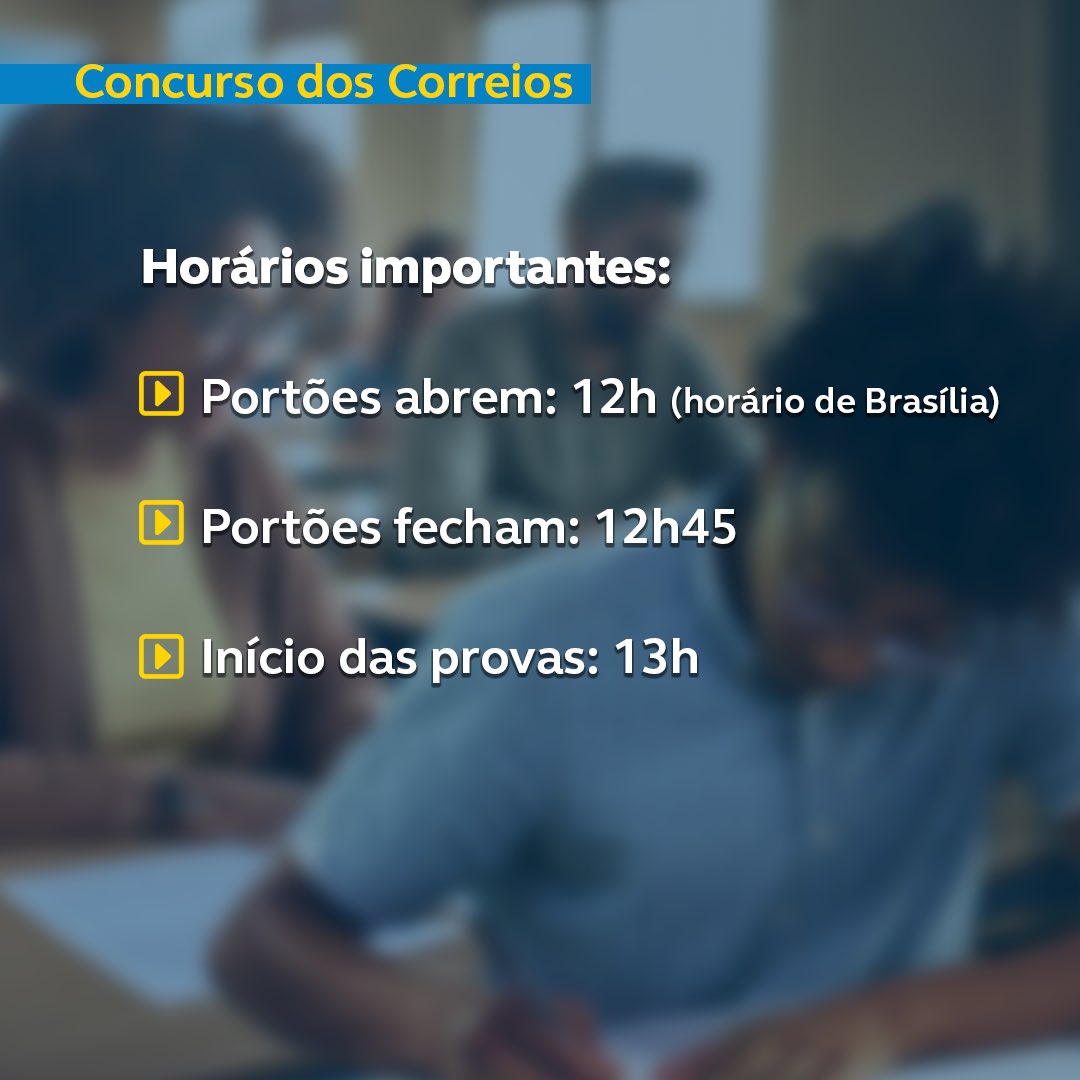 #Concurso 💛💙 | A contagem regressiva para o concurso dos Correios está quase no fim! ✍🏽😍🎉

🗓️ Neste domingo (15), serão aplicadas as provas para preencher mais de 3 mil vagas de nível médio e superior em todo o país.