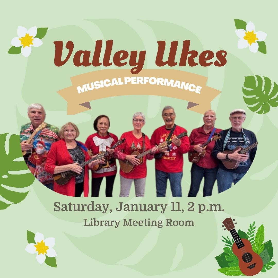 FolsomLibrary's tweet image. Mark your calendar for our first all ages library event of 2025. January 11, at 2 p.m. in the Library Meeting Room, we will have a musical performance by the Valley Ukes. The Valley Ukes will play their blend of Hawaiian and pop music favorites, audience participation encouraged.