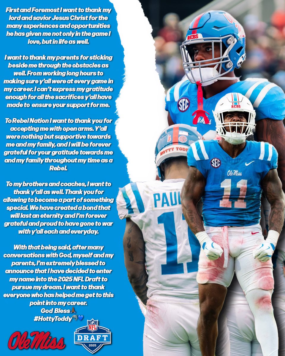 This was the hardest decision I’ve ever made in my life. A lot of sleepless nights and long days leading to this decision…… I want to thank Rebel Nation for everything!

#HottyToddy🦈💙

#Jeremiah29Eleven🙏🏾