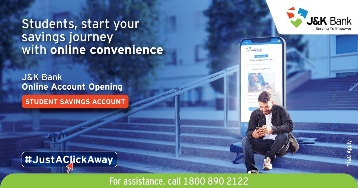 JandKBank's tweet photo. Manage your finances and enjoy your student life with ease. Your Student Savings Account is #JustAClickAway with J&K Bank Online Account Opening. Experience comfort along with multiple benefits. Get started today by clicking here https://t.co/rteOKgZPD6

#JKBank #OnlineAccountOpening #SavingsAccount #Finance #Convenience #OnlineBanking