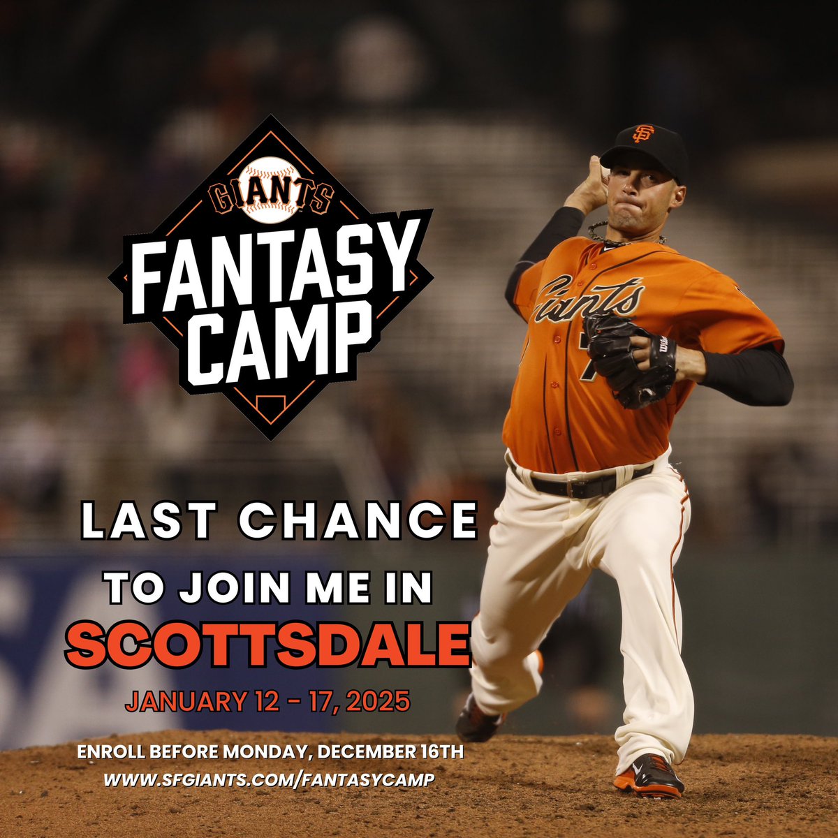 What’s up <a href="/SFGiants/">SFGiants</a>  fans! Join me, Jeremy Affeldt, JT Snow, Travis Ishikawa, F.P Santangelo and more Giants legends at Fantasy Camp in Scottsdale for a one-of-a-kind baseball experience! ⚾

Hurry! Registration closes Monday: sfgiants.com/fantasycamp

Hope to see you there!