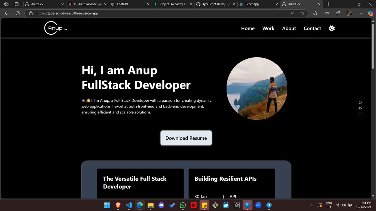 anup23257's tweet image. Day 9,10,11/100 in Typescript Let’s dive in!
#100DaysOfCode #LearnTypeScript #buildinpublic
Made Portfolio for Myself 😎