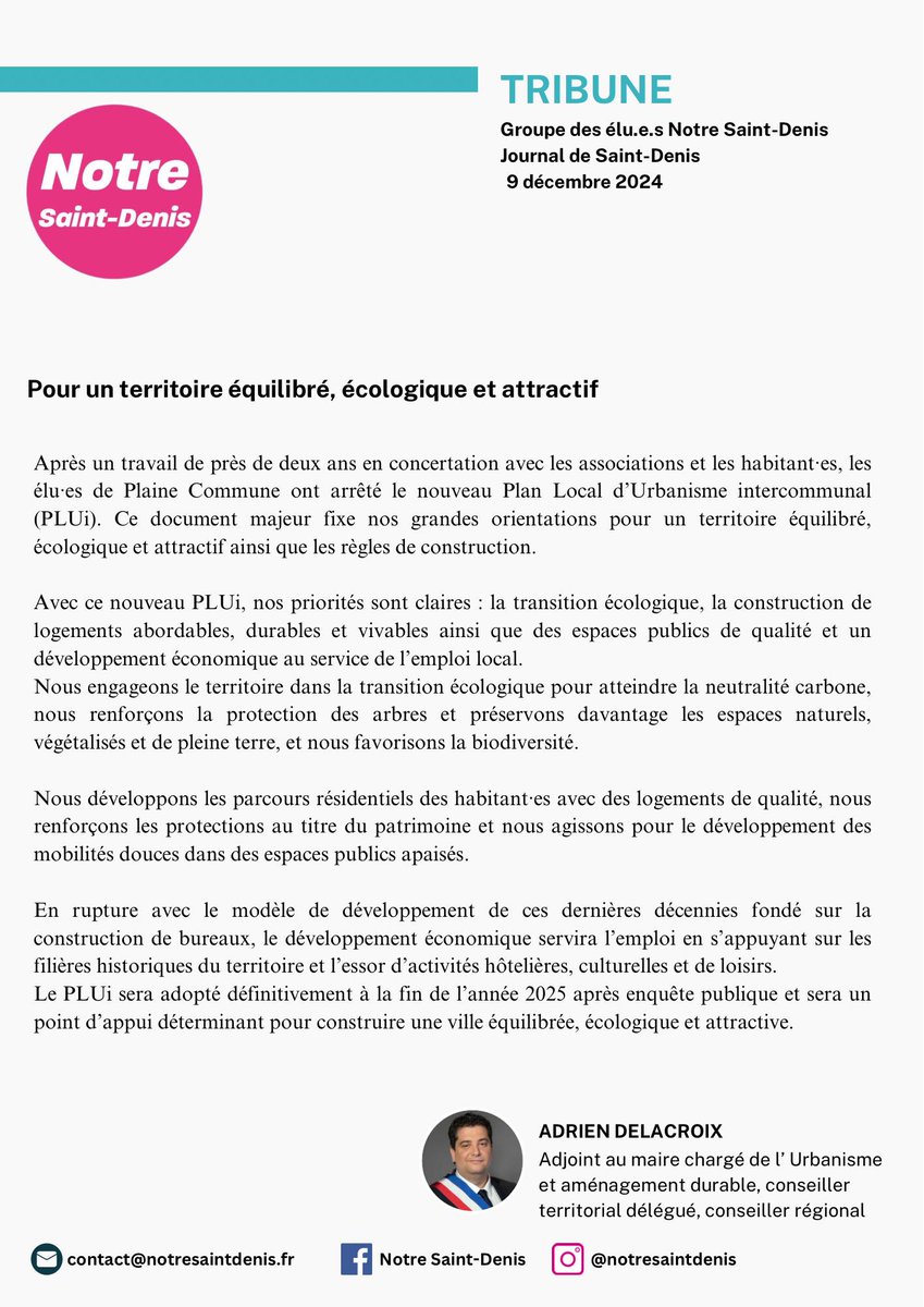 NotreSaintDenis's tweet photo. Retrouvez  La Tribune du groupe  de la majorité municipale NSD dans le journal de  Saint-Denis, signée par Adrien Delacroix adjoint au maire à l’urbanisme https://t.co/GYmGxVOd44
